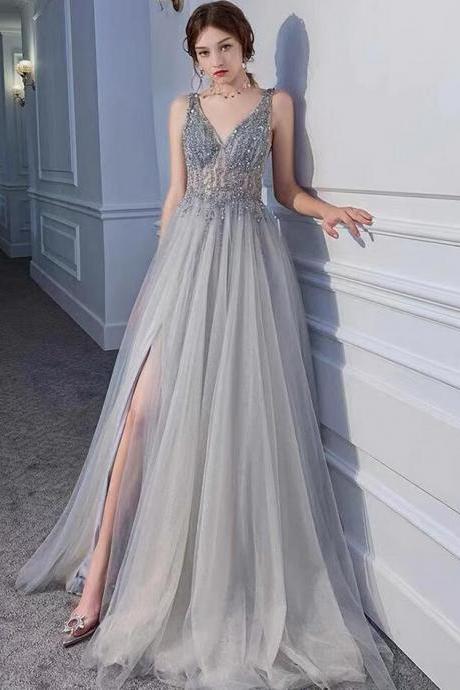 A Line Crystal Sliver Prom Dresses With Beading