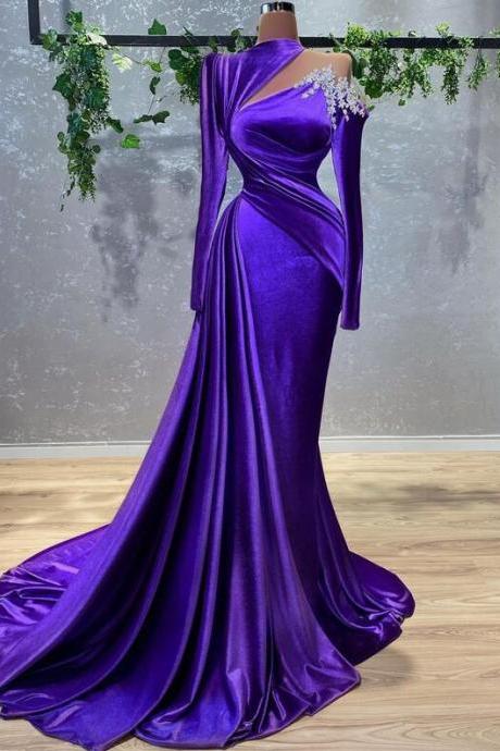 Sexy Mermaid Purple Velvet Prom Evening Dress Long Sleeve