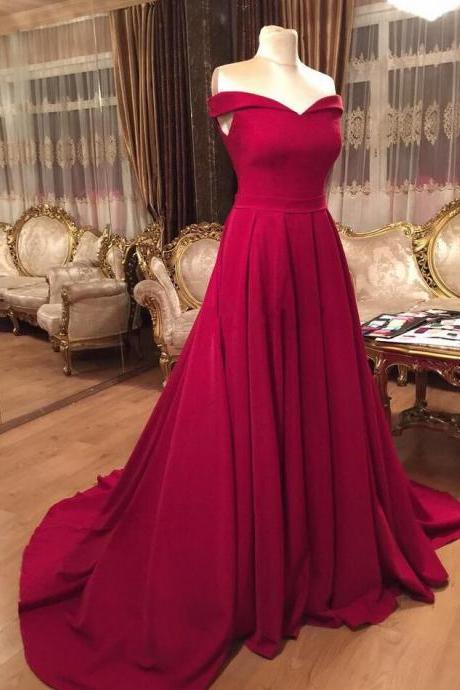 Off The Shoulder Dark Red Prom Dresses With Train