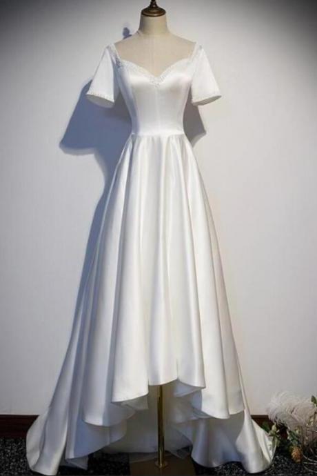 Simple High Low White Satin Prom Dress With Short Sleeves