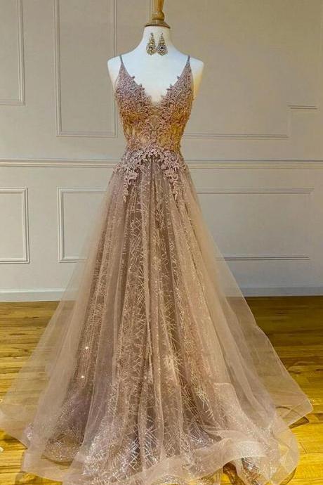 A Line V Neck Champagne Tulle Long Lace Prom Dress