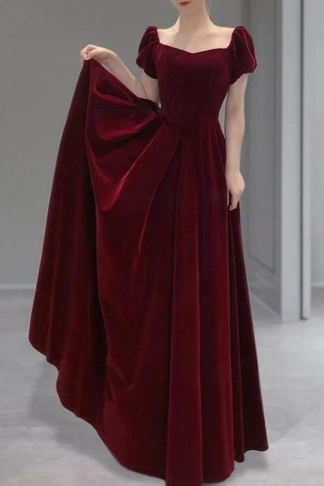 A Line Burgundy Velvet Long Formal Dresses