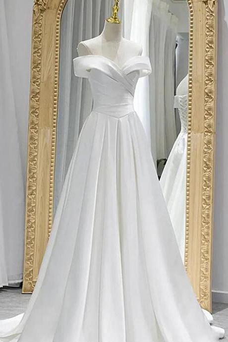 Off Shoulder White Satin Long Prom Dress
