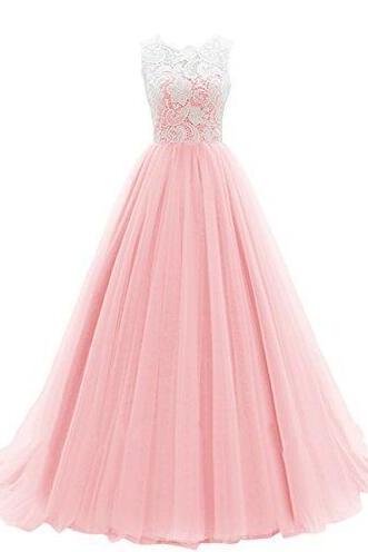 Charming A Line Lace Appliquespink Tulle Prom Dresses