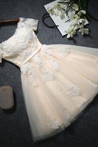 Cute Tulle Short Sleeve Lace Prom Dress
