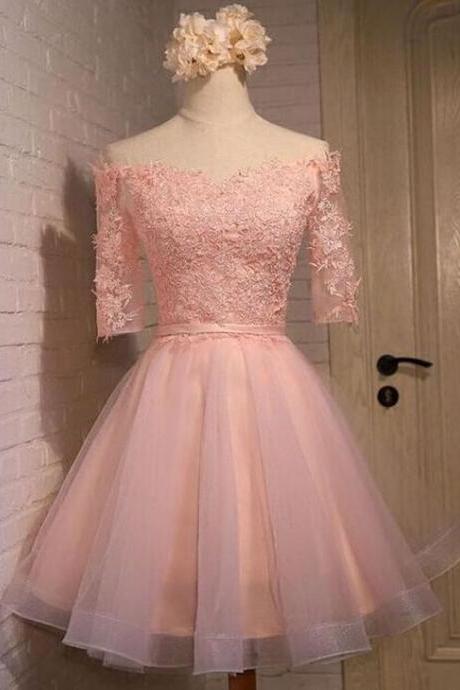 Cute Pink Short Tulle Prom Dress With Lace