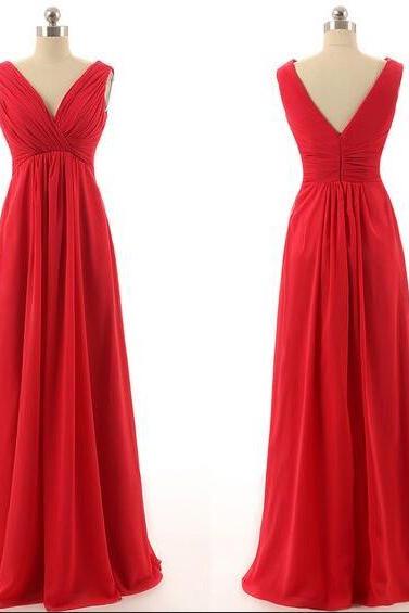 A Line Red V Neck Bridesmaid Dress