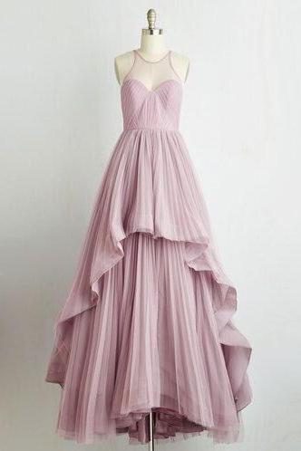 Modest Pink Layered Tulle Prom Dress