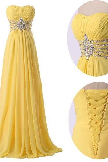 A Line Yellow Chiffon Beaded Prom Dress
