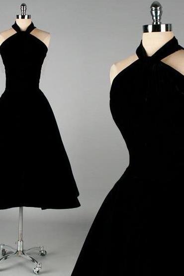 A Line Halter Black Midi Prom Dress
