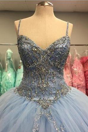 Spaghetti Strapslight Blue Tulle Ball Gowns Prom Dress