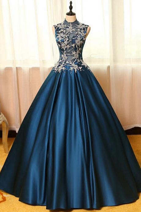 A Line Ball Gown Blue Satin Prom Dress With Lace Applique