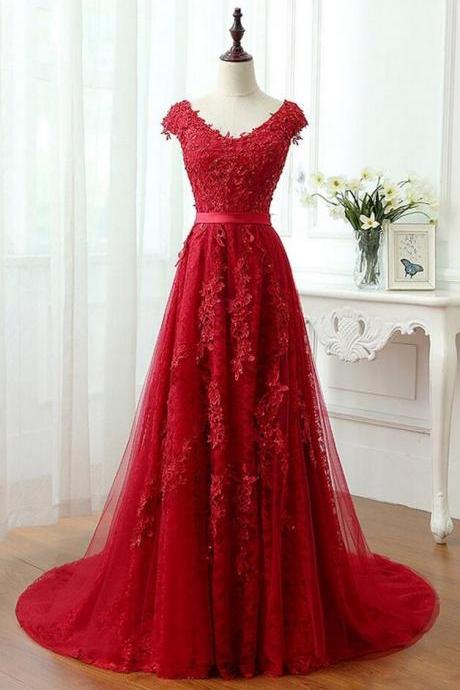 Charming Red Tulle Applique Lace Prom Dress With Cap Sleeves