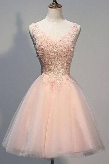 Simple V Neck Pink Lace Prom Dress