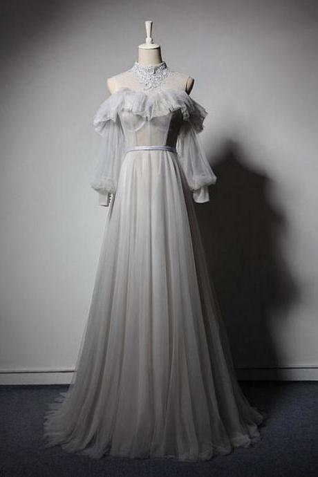 A Line Gray Tulle Long Prom Dress With Long Sleeves