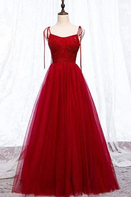 A Line Burgundy Tulle Crystal Beads Long Prom Dress