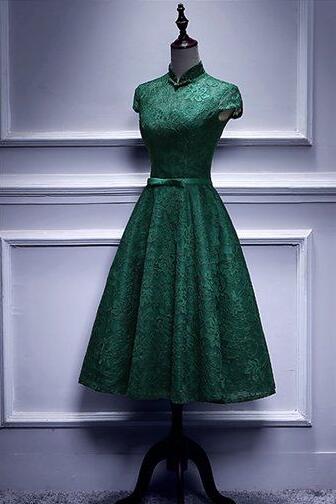 Cap Sleeve Mid Length High Collar Green Lace Prom Dress