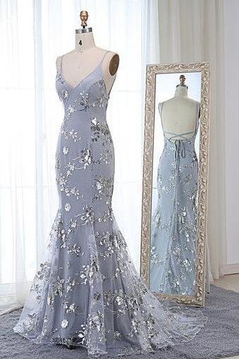 Sparkly Blue Grey Lace Backless Long Evening Dress