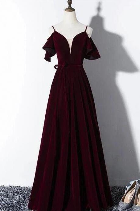Elegant Wine Red Velvet Long Prom Dress With Straps