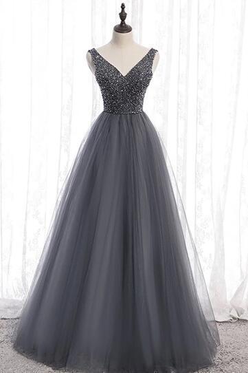Ball Gown Gray Tulle Long V Neck Party Dress