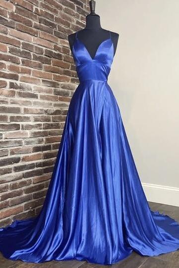 Simple Royal Blue Satin V Neck Spaghetti Straps Prom Dress