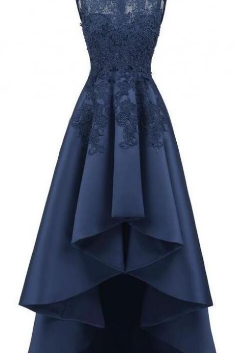 Elegant Navy Blue High Low Prom Dress With Lace Appliques