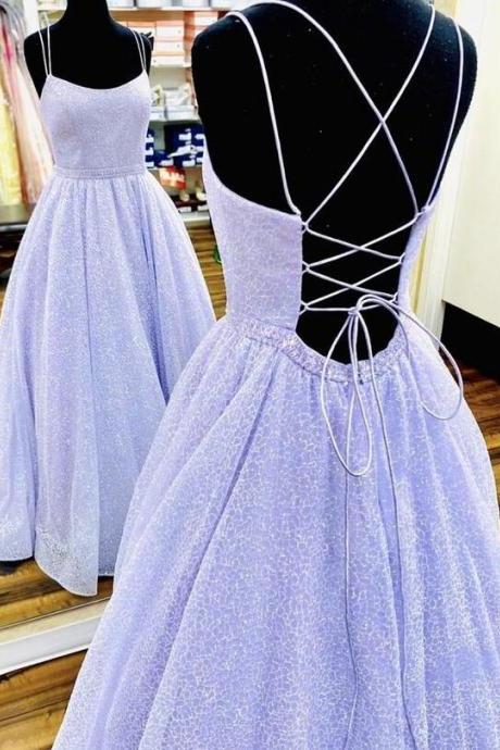 A Line Purple tulle sequin long prom dress