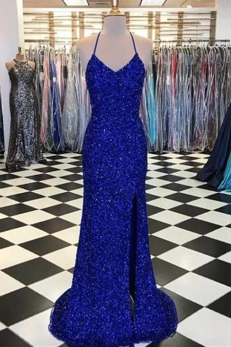 Sexy Royal Blue Sequins Sparkly Prom Dress