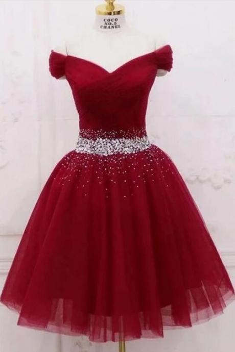 Off The Shoulder Burgundy Tulle Beaded Short Homecoming Dress