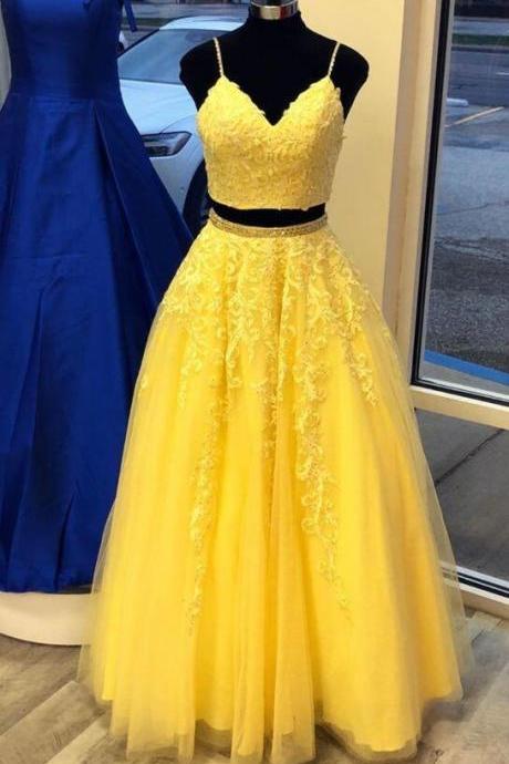 A Line Two Piece Long Yellow Prom Dress