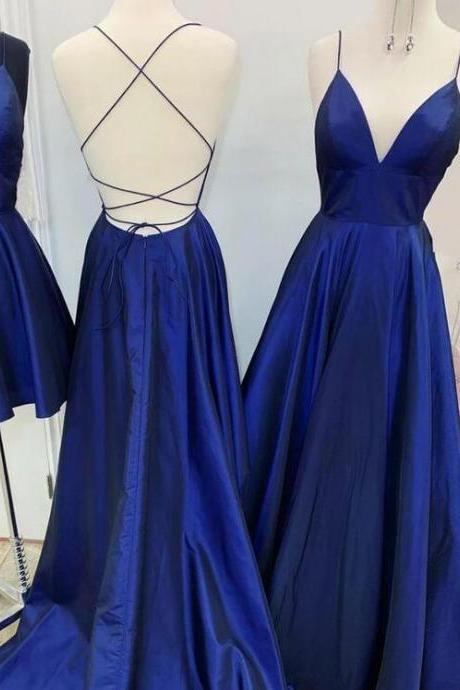 A Line V Neck Royal Blue Satin Open Back Prom Dresses