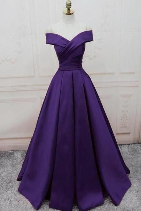 Off Shoulder Satin Long Dark Purple Formal Prom Dress