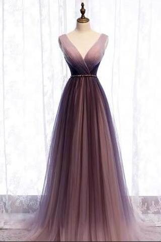Simple v neck tulle long prom dress 