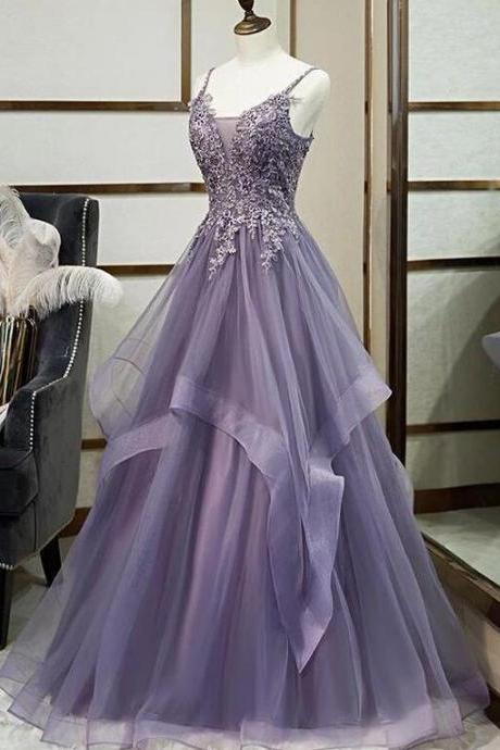 Straps Purple Tulle Layers Long Formal Gown