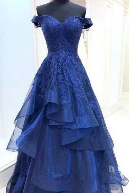 A Line Royal Blue Lace Appliques Prom Dress