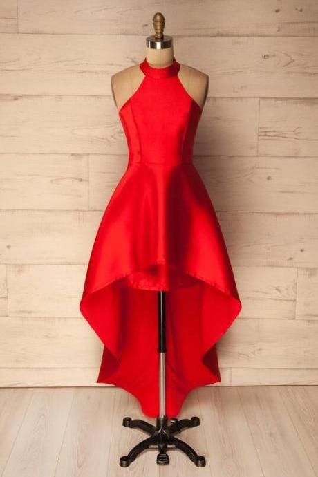 Simple Red Satin High Low Prom Dress