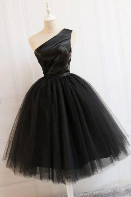 Cute One Shoulder Black Short Prom Dress