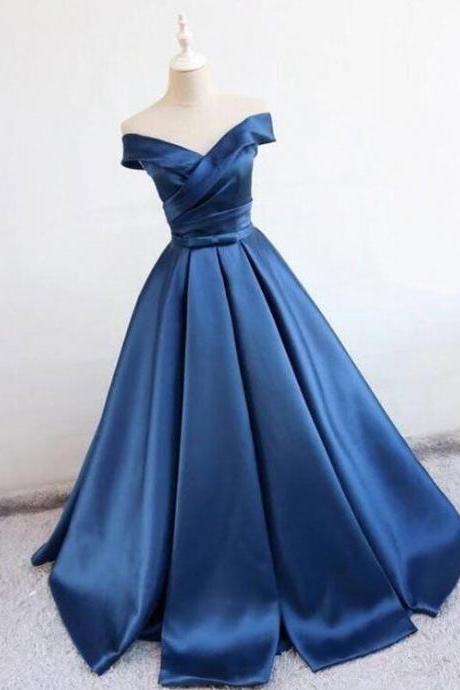 Off Shoulder Dark Blue V Neck Long Prom Dress