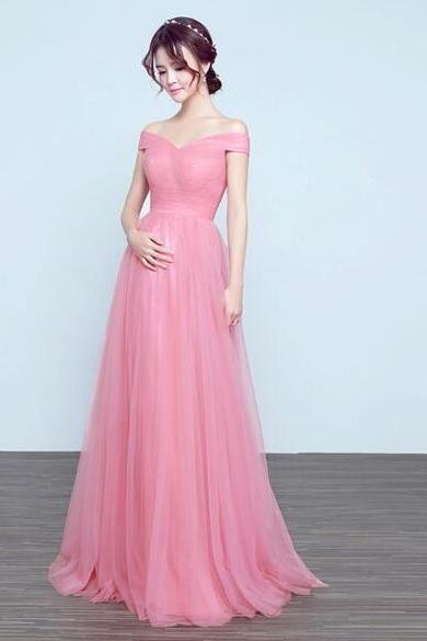 Off Shoulder A Line Tulle Pink Prom Dress