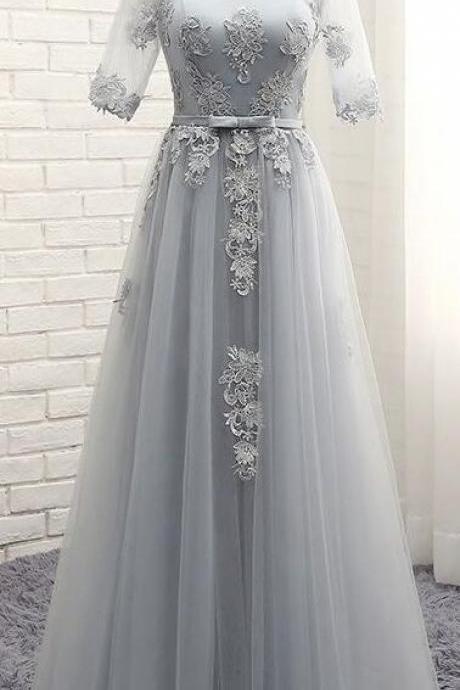 A Line Grey Prom Dresses With Appliques