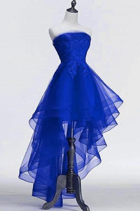 Royal Blue Tulle With Lace Applique High Low Prom Dress