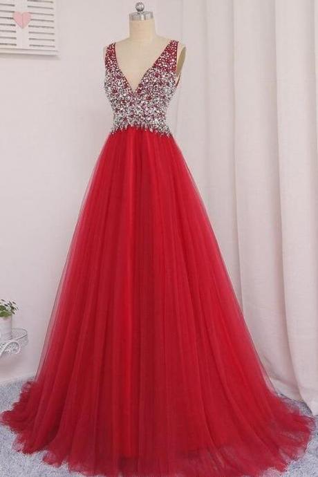 A Line V Neck Red Tulle Prom Dress With Beading