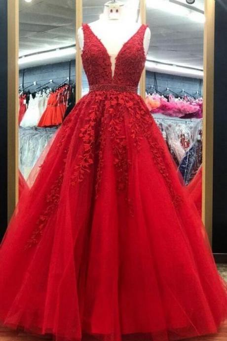 A Line Red Long Prom Dress With Lace Appliques