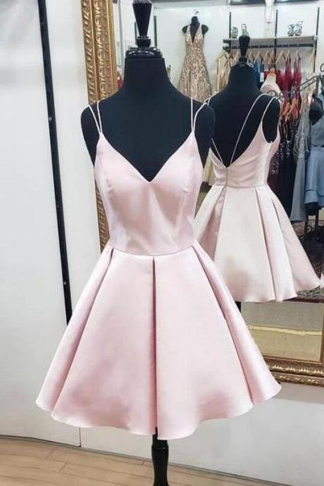 Spaghetti Straps Pink Short Homecoming Dresses