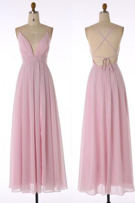 Spaghetti Straps Pink Chiffon Prom Dresses