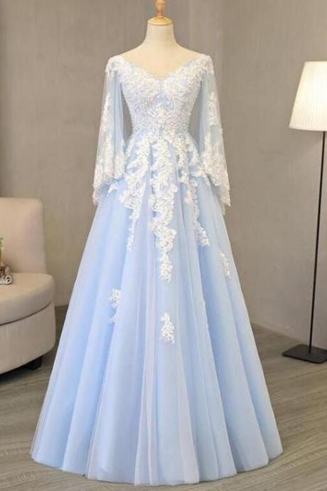 Light Blue Tulle Lace Appliques A-line Prom Dress