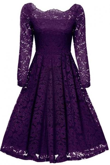 Cute Purple Long Sleeve Lace Formal Dress