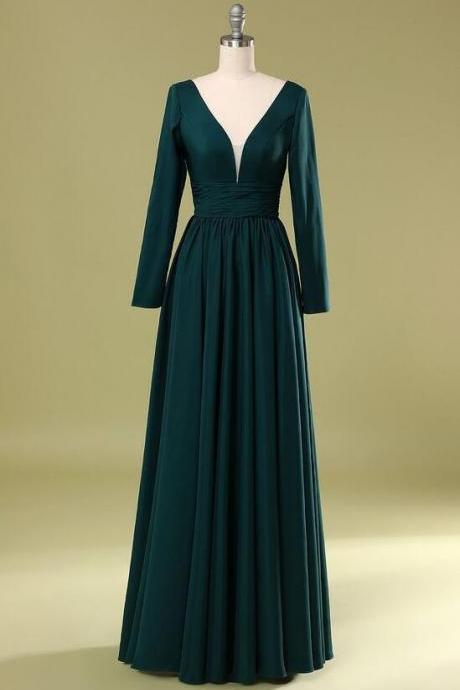 Simple Dark Green V Neck Satin Long Prom Dress