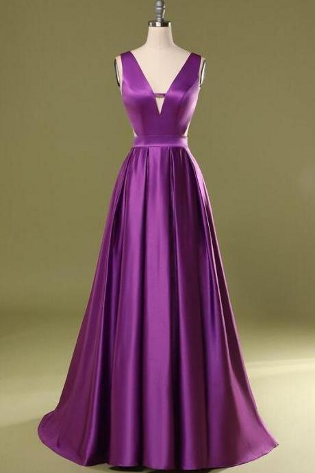 A Line Purple V Neck Long Prom Dress