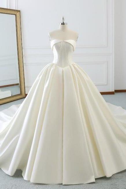 Strapless Ivory White Ball Gown Satin Wedding Dress With Long Train